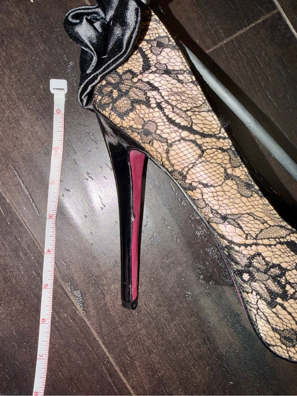 Shoe Dazzle Blanka Black Lace-Pump with Satin Rosette + signature pink bottom